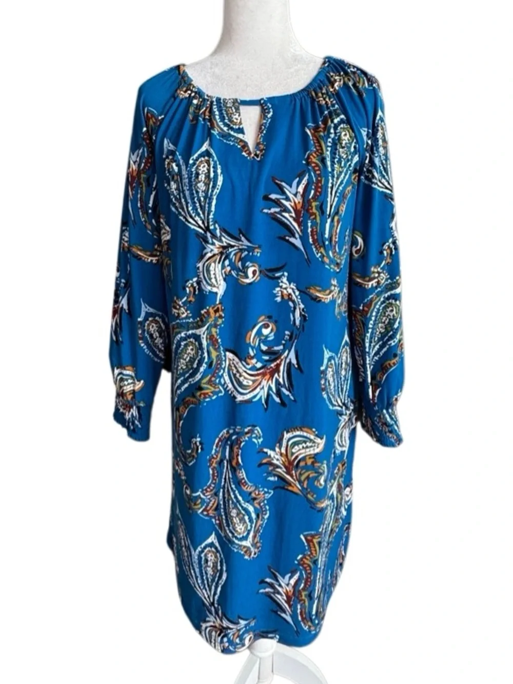 Chico's Dress Opulent Blue Paisley Shift Long Sleeve SZ 1 or M NWOT